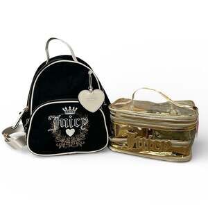 Juicy Couture Heritage Velour Backpack and 3-in-1 Gold Cosmetic Bag Set